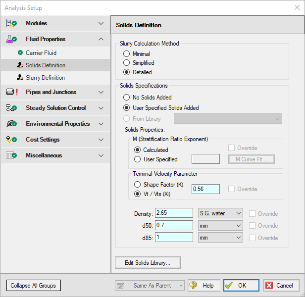 The Slurry Definition Panel of Analysis Setup for Condition A in the Slurry System Feasibility Study example.